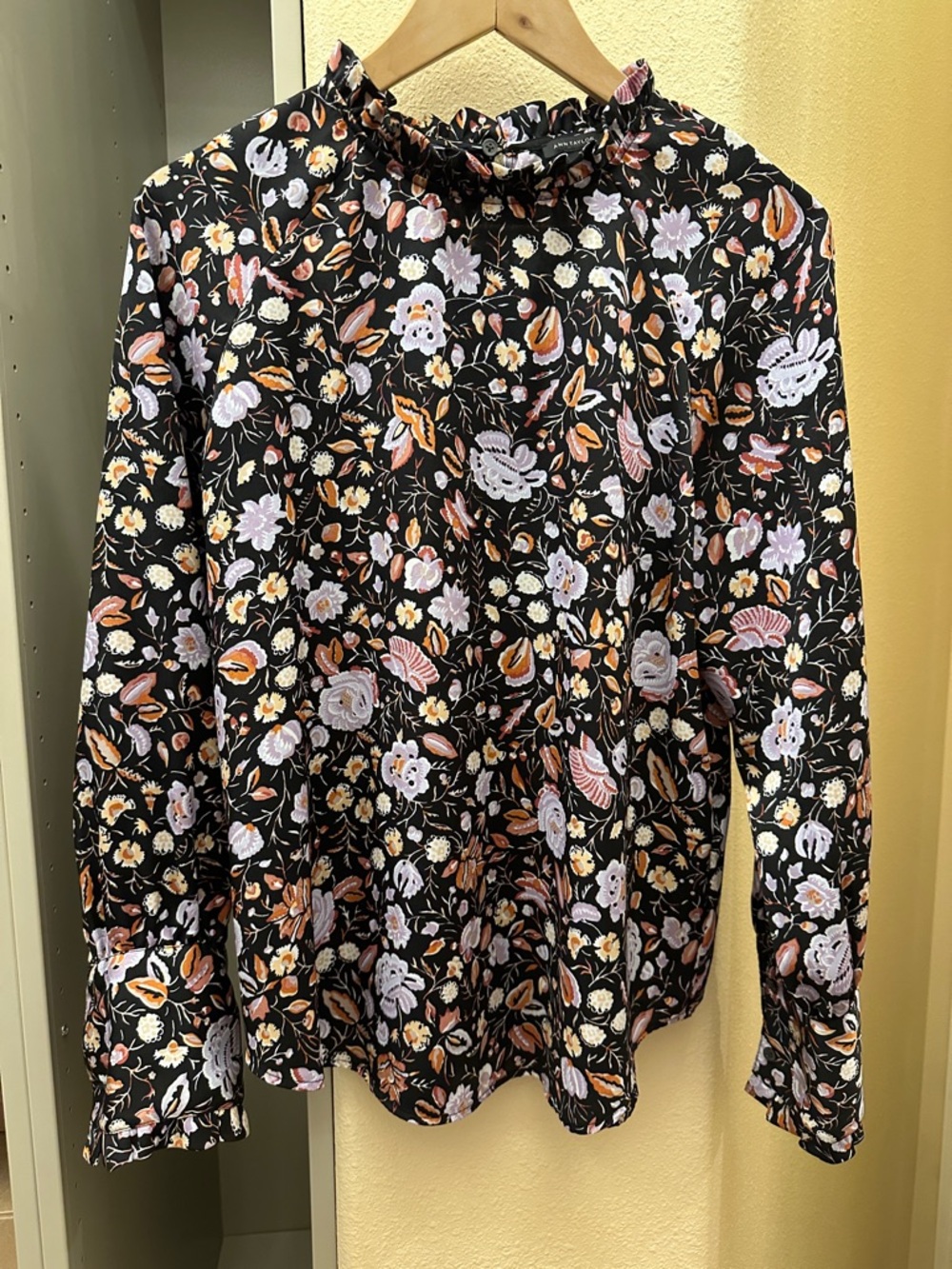 Ann Taylor Black Floral Ruffle-Neck Blouse